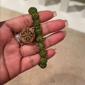 Rustic Cuff Green Beaded Bracelet with Gold Charm